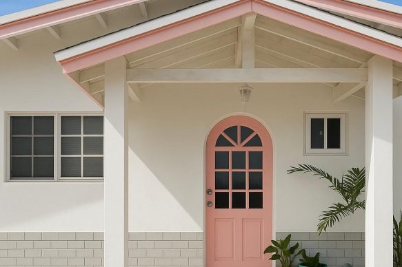 Pink front door framed by a tropical palm at the entrance of Villa Sunset, a modern white villa in Savaneta, Aruba.