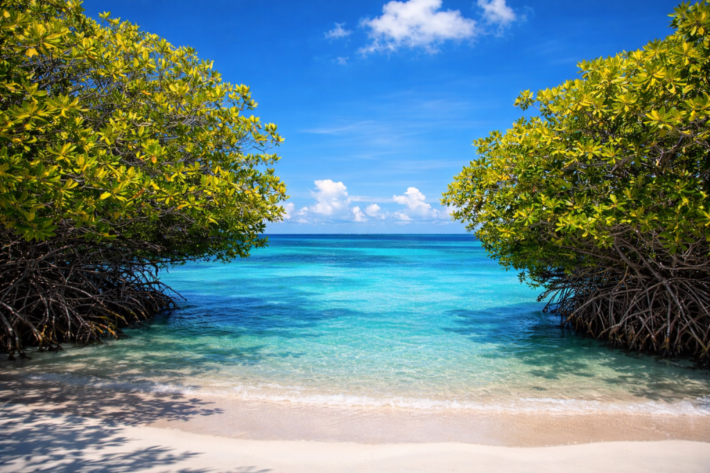 mangel-halto-beach-aruba-turquoise-water mangel halto mangrove lagoon in aruba with clear turquoise water and wooden boardwalk