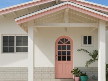 Pink front door framed by a tropical palm at the entrance of Villa Sunset, a modern white villa in Savaneta, Aruba.