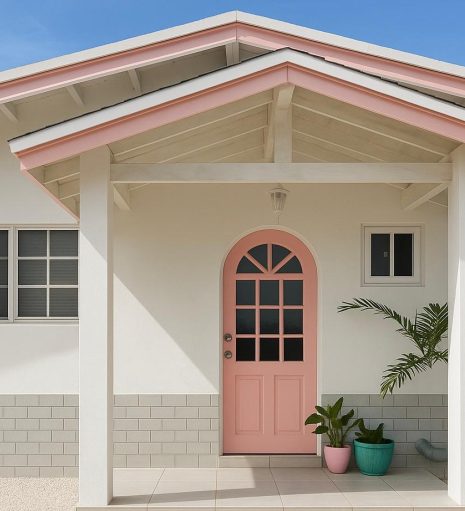 Pink front door framed by a tropical palm at the entrance of Villa Sunset, a modern white villa in Savaneta, Aruba.